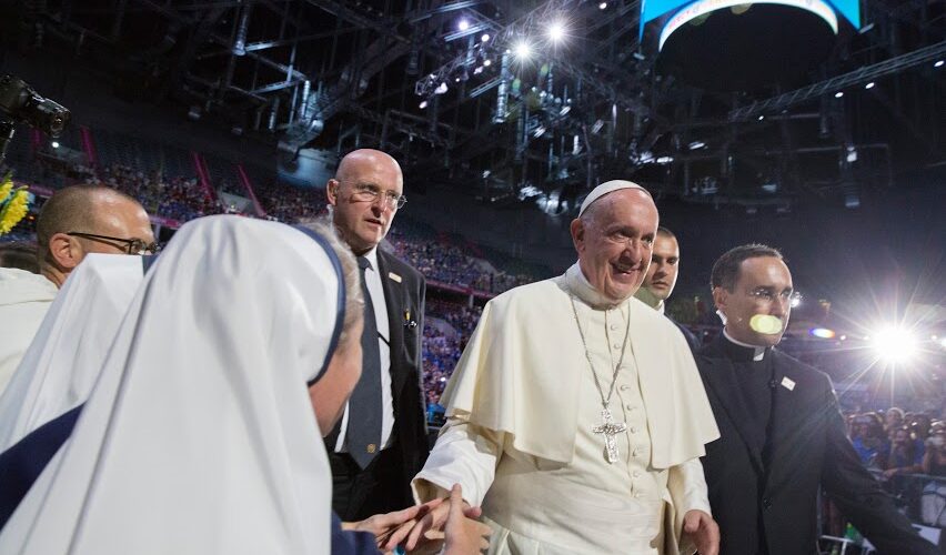 Pope Francis makes a special visit to the Knights of Columbus Mercy Centre at World Youth Day Krakow.